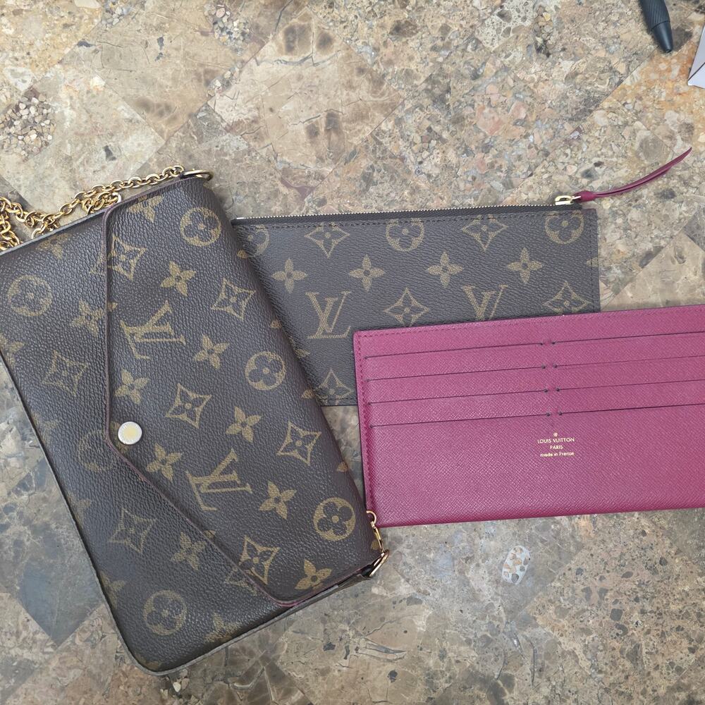 Authentic Louis Vuitton Pochette Felicie Monogram Fuchsia Chain Wallet Full Set